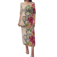 Hawaiian Tropical Flowers and Tribal Turtles Puletasi Polynesian Art Motifs Beige Color - Polynesian Pride