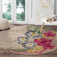 Hawaiian Tropical Flowers and Tribal Turtles Round Carpet Polynesian Art Motifs Beige Color - Polynesian Pride