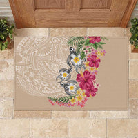 Hawaiian Tropical Flowers and Tribal Turtles Rubber Doormat Polynesian Art Motifs Beige Color - Polynesian Pride