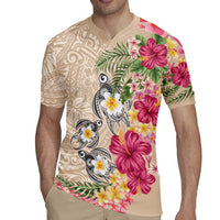 Hawaiian Tropical Flowers and Tribal Turtles Rugby Jersey Polynesian Art Motifs Beige Color - Polynesian Pride