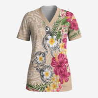 Hawaiian Tropical Flowers and Tribal Turtles Scrub Top Polynesian Art Motifs Beige Color - Polynesian Pride