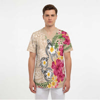 Hawaiian Tropical Flowers and Tribal Turtles Scrub Top Polynesian Art Motifs Beige Color - Polynesian Pride