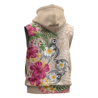 Hawaiian Tropical Flowers and Tribal Turtles Sleeveless Hoodie Polynesian Art Motifs Beige Color - Polynesian Pride