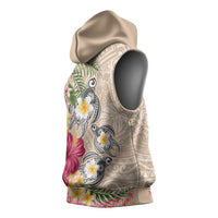 Hawaiian Tropical Flowers and Tribal Turtles Sleeveless Hoodie Polynesian Art Motifs Beige Color - Polynesian Pride