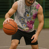 Hawaiian Tropical Flowers and Tribal Turtles Sleeveless Hoodie Polynesian Art Motifs Beige Color - Polynesian Pride