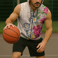 Hawaiian Tropical Flowers and Tribal Turtles Sleeveless Zip Hoodie Polynesian Art Motifs Beige Color - Polynesian Pride