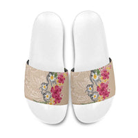 Hawaiian Tropical Flowers and Tribal Turtles Slide Sandals Polynesian Art Motifs Beige Color - Polynesian Pride