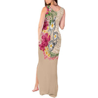 Hawaiian Tropical Flowers and Tribal Turtles Tank Maxi Dress Polynesian Art Motifs Beige Color - Polynesian Pride