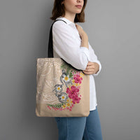 Hawaiian Tropical Flowers and Tribal Turtles Tote Bag Polynesian Art Motifs Beige Color - Polynesian Pride