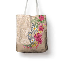 Hawaiian Tropical Flowers and Tribal Turtles Tote Bag Polynesian Art Motifs Beige Color - Polynesian Pride