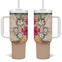 Hawaiian Tropical Flowers and Tribal Turtles Tumbler With Handle Polynesian Art Motifs Beige Color - Polynesian Pride