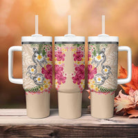 Hawaiian Tropical Flowers and Tribal Turtles Tumbler With Handle Polynesian Art Motifs Beige Color - Polynesian Pride
