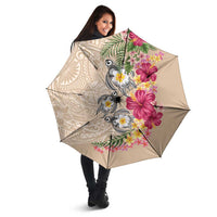 Hawaiian Tropical Flowers and Tribal Turtles Umbrella Polynesian Art Motifs Beige Color - Polynesian Pride