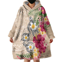 Hawaiian Tropical Flowers and Tribal Turtles Wearable Blanket Hoodie Polynesian Art Motifs Beige Color - Polynesian Pride