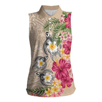 Hawaiian Tropical Flowers and Tribal Turtles Women Sleeveless Polo Shirt Polynesian Art Motifs Beige Color - Polynesian Pride