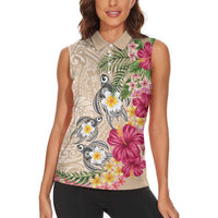 Hawaiian Tropical Flowers and Tribal Turtles Women Sleeveless Polo Shirt Polynesian Art Motifs Beige Color - Polynesian Pride