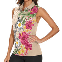 Hawaiian Tropical Flowers and Tribal Turtles Women Sleeveless Polo Shirt Polynesian Art Motifs Beige Color - Polynesian Pride