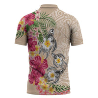 Hawaiian Tropical Flowers and Tribal Turtles Zipper Polo Shirt Polynesian Art Motifs Beige Color LT03 - Polynesian Pride