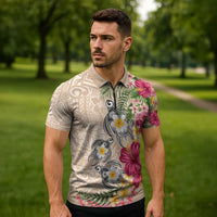 Hawaiian Tropical Flowers and Tribal Turtles Zipper Polo Shirt Polynesian Art Motifs Beige Color - Polynesian Pride