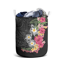 Hawaiian Tropical Flowers and Tribal Turtles Laundry Basket Polynesian Art Motifs Black Color - Polynesian Pride