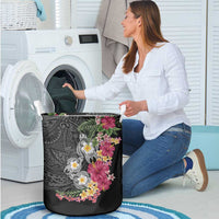 Hawaiian Tropical Flowers and Tribal Turtles Laundry Basket Polynesian Art Motifs Black Color - Polynesian Pride