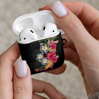 Hawaiian Tropical Flowers and Tribal Turtles AirPods Case Polynesian Art Motifs Black Color - Polynesian Pride