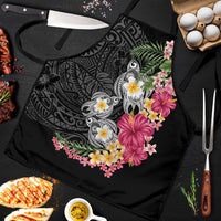 Hawaiian Tropical Flowers and Tribal Turtles Apron Polynesian Art Motifs Black Color - Polynesian Pride