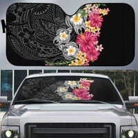 Hawaiian Tropical Flowers and Tribal Turtles Auto Sun Shade Polynesian Art Motifs Black Color - Polynesian Pride