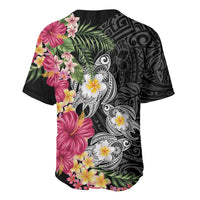 Hawaiian Tropical Flowers and Tribal Turtles Baseball Jersey Polynesian Art Motifs Black Color LT03 - Polynesian Pride