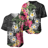 Hawaiian Tropical Flowers and Tribal Turtles Baseball Jersey Polynesian Art Motifs Black Color LT03 - Polynesian Pride