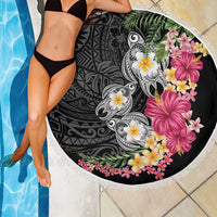 Hawaiian Tropical Flowers and Tribal Turtles Beach Blanket Polynesian Art Motifs Black Color - Polynesian Pride
