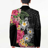 Hawaiian Tropical Flowers and Tribal Turtles Blazer Polynesian Art Motifs Black Color - Polynesian Pride