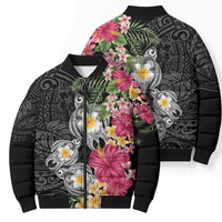 Hawaiian Tropical Flowers and Tribal Turtles Bomber Puffer Jacket Polynesian Art Motifs Black Color - Polynesian Pride