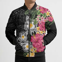 Hawaiian Tropical Flowers and Tribal Turtles Bomber Puffer Jacket Polynesian Art Motifs Black Color - Polynesian Pride