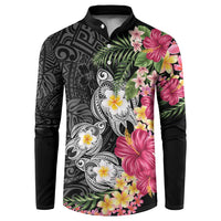 Hawaiian Tropical Flowers and Tribal Turtles Button Sweatshirt Polynesian Art Motifs Black Color - Polynesian Pride