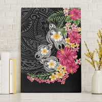 Hawaiian Tropical Flowers and Tribal Turtles Canvas Wall Art Polynesian Art Motifs Black Color - Polynesian Pride