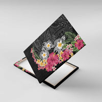 Hawaiian Tropical Flowers and Tribal Turtles Canvas Wall Art Polynesian Art Motifs Black Color - Polynesian Pride