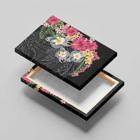 Hawaiian Tropical Flowers and Tribal Turtles Canvas Wall Art Polynesian Art Motifs Black Color - Polynesian Pride