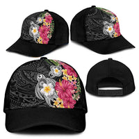 Hawaiian Tropical Flowers and Tribal Turtles Classic Cap Polynesian Art Motifs Black Color - Polynesian Pride