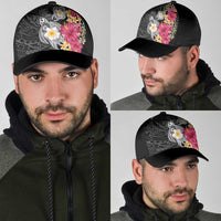 Hawaiian Tropical Flowers and Tribal Turtles Classic Cap Polynesian Art Motifs Black Color - Polynesian Pride
