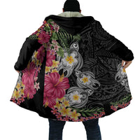 Hawaiian Tropical Flowers and Tribal Turtles Cloak Polynesian Art Motifs Black Color - Polynesian Pride