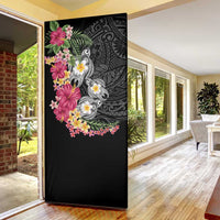 Hawaiian Tropical Flowers and Tribal Turtles Door Cover Polynesian Art Motifs Black Color - Polynesian Pride