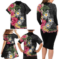 Hawaiian Tropical Flowers and Tribal Turtles Family Matching Long Sleeve Bodycon Dress and Hawaiian Shirt Polynesian Art Motifs Black Color - Polynesian Pride