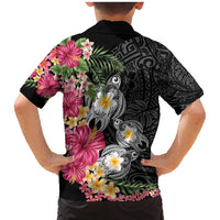 Hawaiian Tropical Flowers and Tribal Turtles Family Matching Mermaid Dress and Hawaiian Shirt Polynesian Art Motifs Black Color - Polynesian Pride