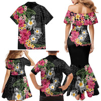 Hawaiian Tropical Flowers and Tribal Turtles Family Matching Mermaid Dress and Hawaiian Shirt Polynesian Art Motifs Black Color - Polynesian Pride