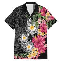 Hawaiian Tropical Flowers and Tribal Turtles Family Matching Mermaid Dress and Hawaiian Shirt Polynesian Art Motifs Black Color - Polynesian Pride