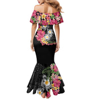 Hawaiian Tropical Flowers and Tribal Turtles Family Matching Mermaid Dress and Hawaiian Shirt Polynesian Art Motifs Black Color LT03 - Polynesian Pride