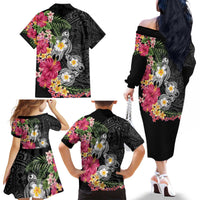 Hawaiian Tropical Flowers and Tribal Turtles Family Matching Off The Shoulder Long Sleeve Dress and Hawaiian Shirt Polynesian Art Motifs Black Color - Polynesian Pride