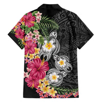 Hawaiian Tropical Flowers and Tribal Turtles Family Matching Off The Shoulder Long Sleeve Dress and Hawaiian Shirt Polynesian Art Motifs Black Color - Polynesian Pride