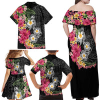 Hawaiian Tropical Flowers and Tribal Turtles Family Matching Off Shoulder Maxi Dress and Hawaiian Shirt Polynesian Art Motifs Black Color - Polynesian Pride